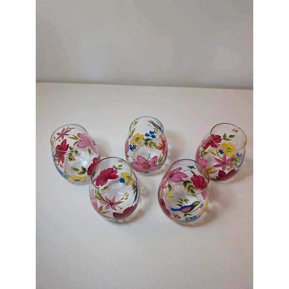 Pier 1 Happy Blooms Hand Painted Stemless Wine Glasses Birds FlowersSet of 5